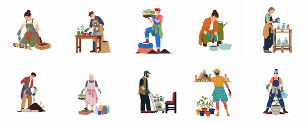 Fototapeta premium Set of Diverse People Engaged in Gardening and Plant Care Activities Flat Vector Illustrations