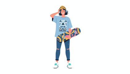 Naklejka premium Stylish young teenage girl wearing headphones and yellow beanie holding colorful decorated skateboard on white background.