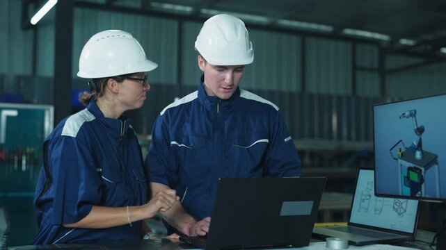 Caucasian man and woman technicians talking in a manufacturing workshop. Reviewing technical blueprints and machinery production plans.