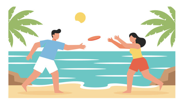 Young man and woman having fun playing together with a frisbee on a tropical sandy beach under the bright sun.