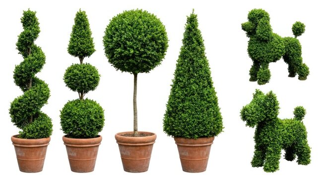 decorative green topiary trees in various shapes isolated on white