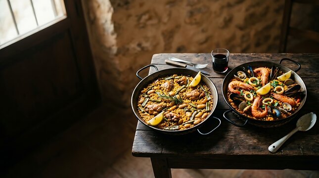 Traditional spanish paella with seafood and meat on a rustic table