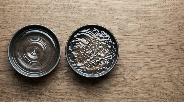 Water ripples in ceramic bowls on a natural wooden surface