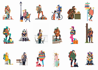 Fototapeta premium A collection of diverse backpackers and travelers character illustrations engaged in various outdoor and urban activities, set against a plain white background.
