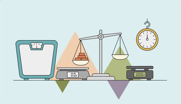 Collection of different weighing scales including modern bathroom, digital, mechanical, and hanging dial balances.