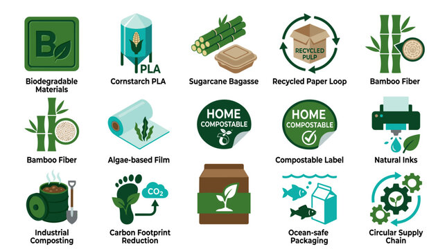 Sustainable Packaging and Biodegradable Material Icon Set