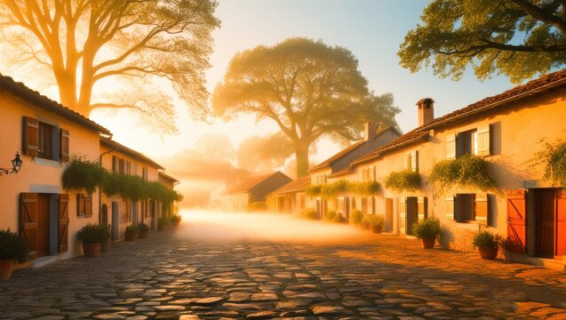 Cobblestone village street bathed in warm golden morning sunlight and soft mist