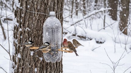 Naklejka premium plastic bottle bird feeder hanging on tree trunk in winter