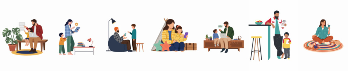Flat vector illustrations showing parents and children using digital devices together at home, highlighting modern family life and screen time management.
