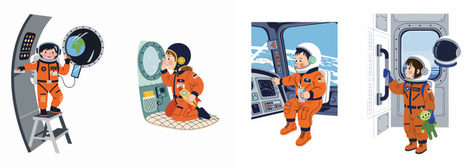 Set of illustrations depicting a young boy in an orange astronaut suit exploring a spacecraft and looking at Earth through windows.