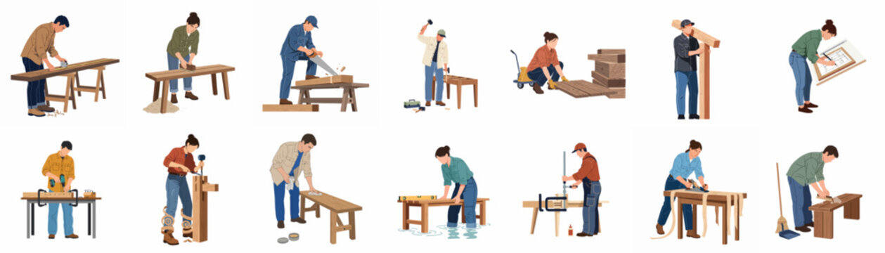 Set of illustrations depicting men and women engaged in various carpentry and woodworking activities with different tools isolated on a white background.