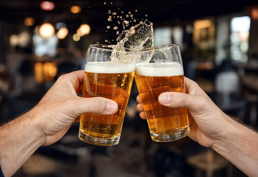 Two people clinking glasses of cold frothy beer in a lively bar or pub setting celebrating together