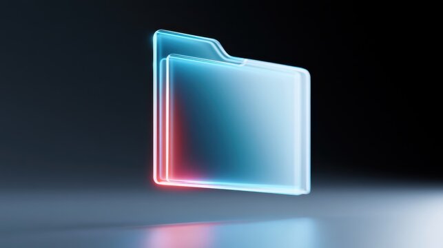 A glowing, translucent folder icon with a neon blue and red aura against a dark, reflective background