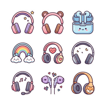 Set of Cute Kawaii Style Headphones and Audio Accessories Illustrative Icons PET1 Collection