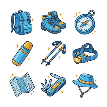 Illustration Set of Essential Hiking and Backpacking Adventure Gear for Outdoor Travel Exploration