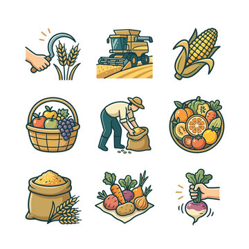 A Set of Hand-Drawn Icons Depicting Agricultural Farming Activities and Harvest PET1 58