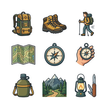 A Set of Hand-Drawn Hiking and Camping Equipment Icons Isolated on a White Background for PET1 Outdoor Adventures