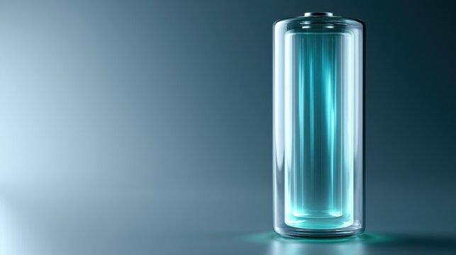 A glowing blue battery cell standing tall, its internal energy source visible through its translucent casing, emitting a soft light
