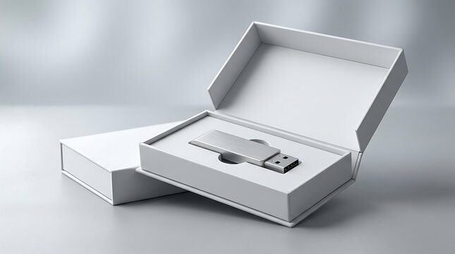 Open metal gift card box with usb flash drive inside on flat surface