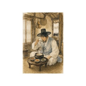 Korean man in hanbok eating gukbap in a traditional Joseon-era house