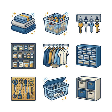 Collection of organized storage icons illustrating household organization methods PET1 (77)