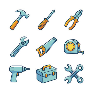 Set of Nine Hand-Drawn Style Illustrations Featuring Essential Construction and Repair Work Tools