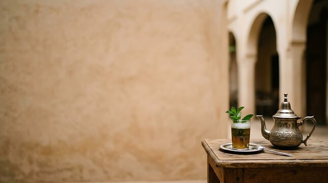 Traditional moroccan mint tea with silver teapot in a riad