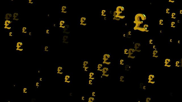 3D golden British pound currency symbols floating animation on black background