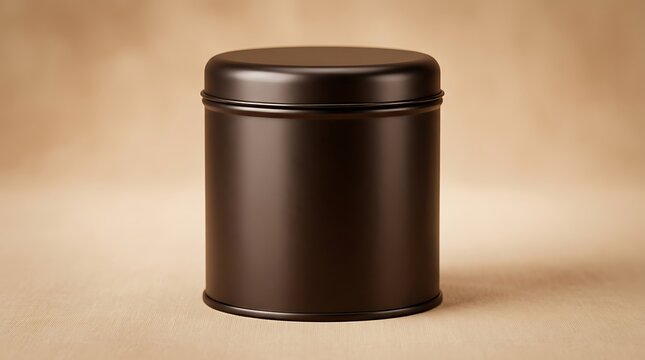 A single empty black metal round storage container with a lid standing on a smooth light brown paper texture surface