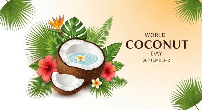 World Coconut Day illustration with tropical fruits and flowers