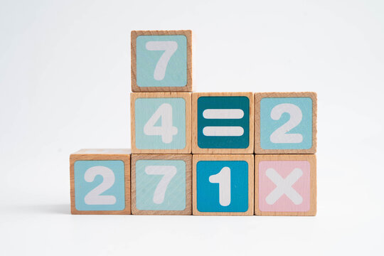 Number wood block cubes for learning Mathematic, education math.