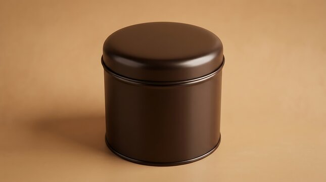 A single empty dark brown metal tin container with a round lid sitting on a matching soft beige studio background