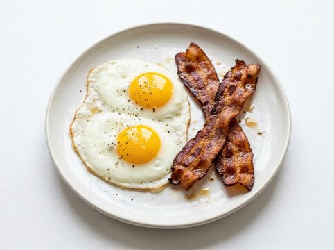 Two fried eggs and crispy bacon strips on a round white plate for a delicious breakfast meal