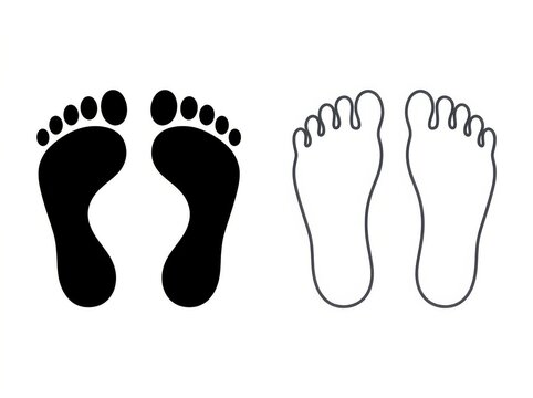 Black silhouette and outline icons of human footprints isolated on a clean white background