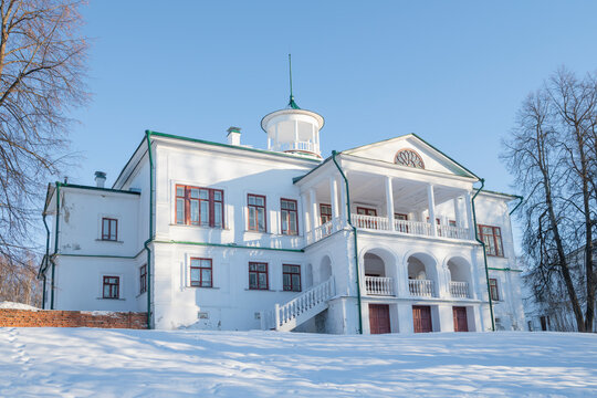 The mansion of the Russian poet and writer A.N. Nekrasov in the Karabikha estate on a sunny January day. Yaroslavl region
