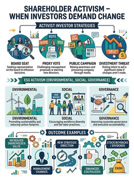 Shareholder activism and activist investor strategies infographic