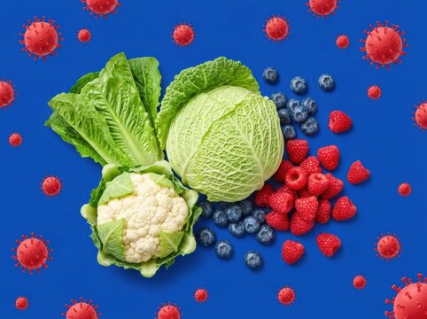 Fresh cabbage cauliflower raspberries and blueberries with floating coronavirus cells on blue background