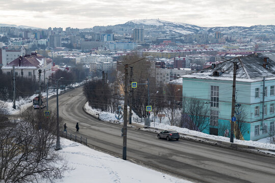 Cityscape of polar Murmansk on a cloudy March day