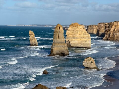 The Twelve Apostles are iconic limestone stacks along Victoria&rsquo;s Great Ocean Road, rising dramatically from the Southern Ocean, breathtaking natural landmark famous for its rugged beauty.