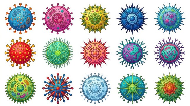 Set of colorful virus and bacteria cells icons isolated on a white background