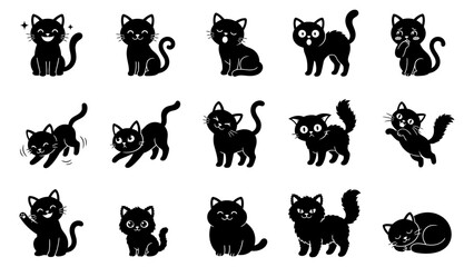 Obraz premium Set of cute black cat silhouettes showing various funny expressions and poses for creative design projects