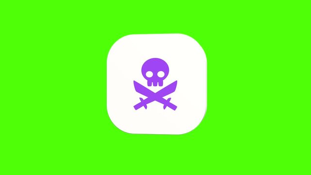 3D animated pirate skull with crossed swords icon on a white rounded card with a green screen background. Smooth loop motion, perfect for mobile app UI, danger emblem, game asset, and video editing el