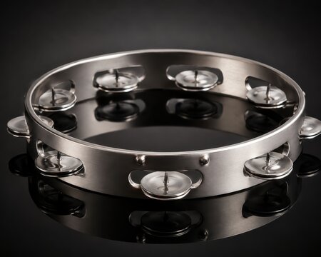 Tambourine on a dark reflective surface, showcasing its musical design