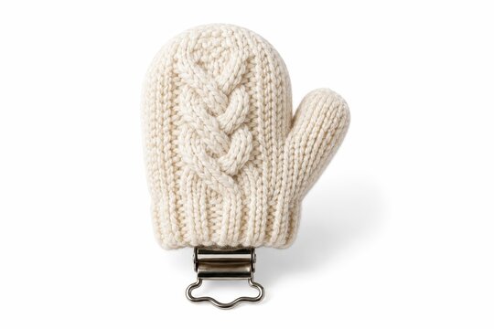 Cream knitted baby mitten with clip and cable knit pattern