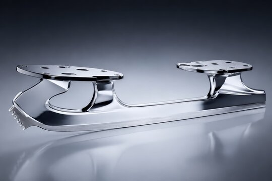 Pair of sleek chrome ice skates, showcasing precision engineering and a futuristic design, isolated on a reflective surface