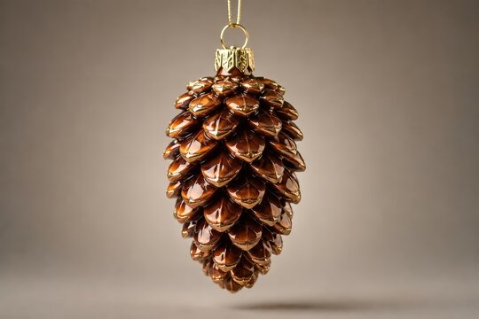 Golden pine cone Christmas ornament hanging in soft light, celebrating the winter holiday