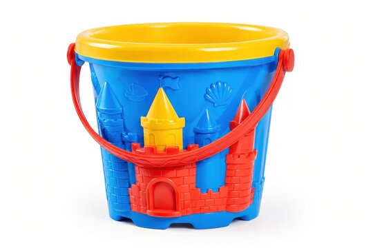 Colorful beach bucket with castle mold for sand play on a sunny day