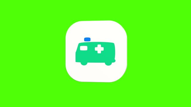 3D animated emergency medical ambulance car icon on a white rounded card with a green screen background. Smooth loop motion, perfect for mobile app UI, healthcare transport, hospital service, and vide