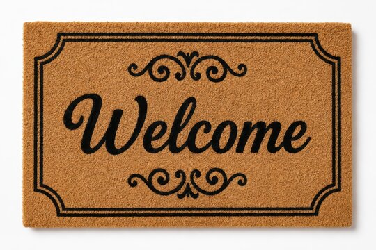 Welcome doormat with ornate border, inviting guests inside