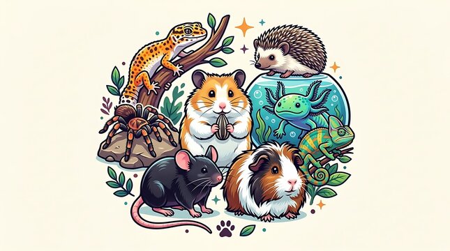 Collection of various small exotic and common household pets